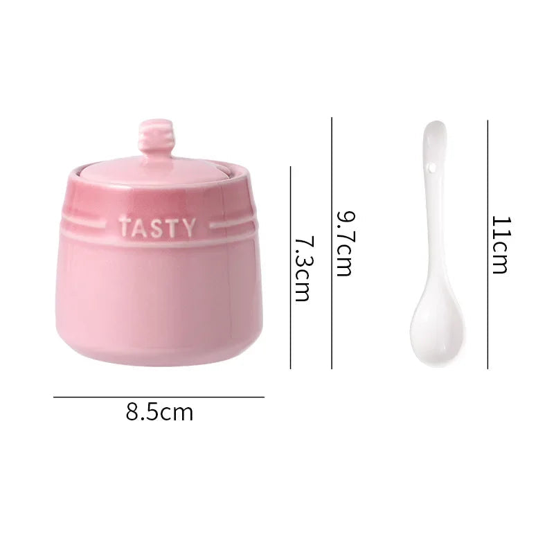 Ceramic Sugar/ Spice Bowl with Lid & Spoon – 1 Piece Colourful Kitchen Condiment Jar for Sugar, Salt & Spices