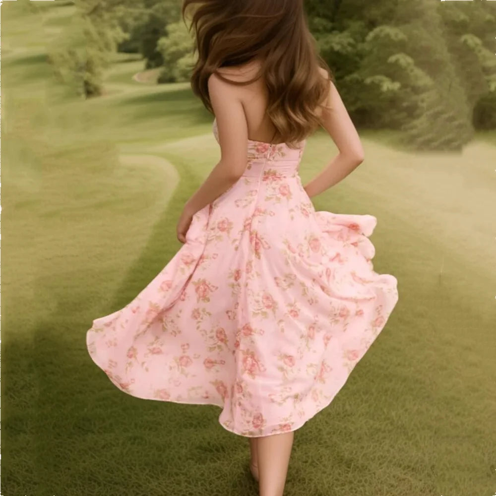 Elviera Pink Floral Halterneck Midi Dress – Plunge Neck Backless Summer Occasion Dress
