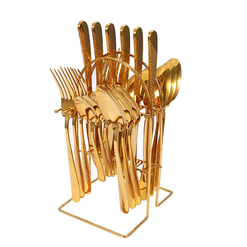 24-Piece Stainless Steel Cutlery Set with Stand – Gold & Silver Knife, Fork, Spoon Flatware Set for Dining