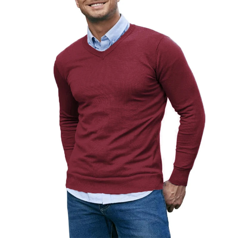 Men’s Slim Fit V-Neck Jumper – Lightweight Long Sleeve Knit Sweater for Autumn & Winter in Navy, Wine Red, Beige, Brown, Black, White, Grey