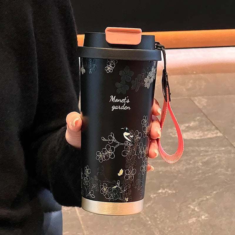 Floral Stainless Steel Travel Cup with Lid & Strap – Double Wall Insulated Coffee & Tea Tumbler 500ml