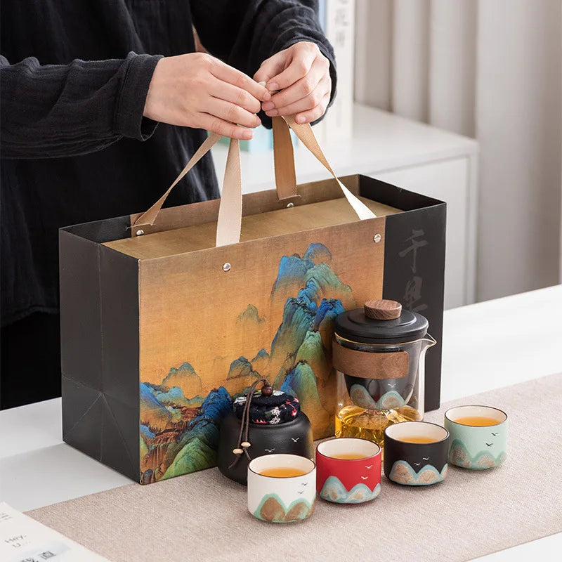 Hand-Painted Mountain Ceramic Tea Set with Tea Holder – 6-Piece Teapot & Four Cups Gift Box