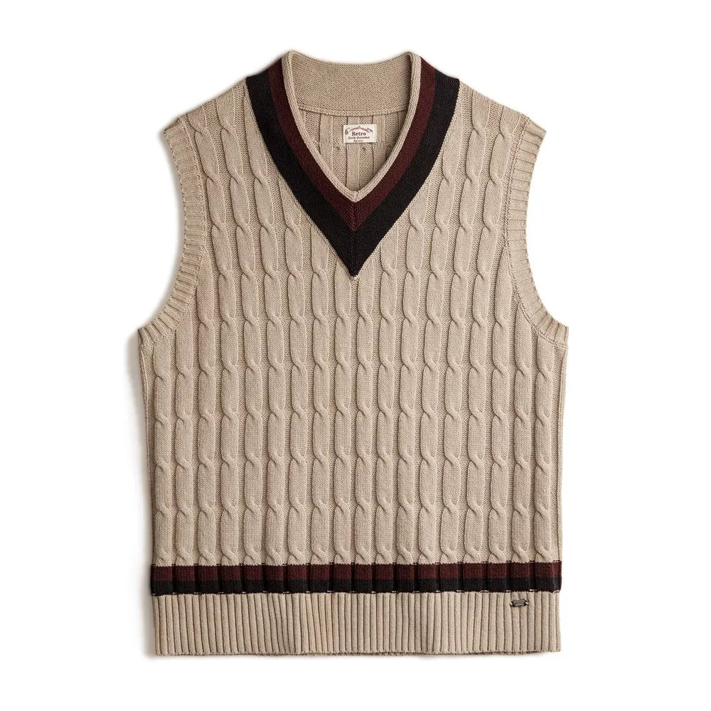 Colston Men’s Cable Knit V-Neck Sleeveless Jumper – Taupe Ribbed Hem Knitwear Vest with Contrast Stripe Trim
