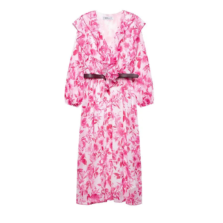 Sarella Ruffle Belted Midi Dress – Pink Floral V-Neck Long Sleeve Occasion Dress