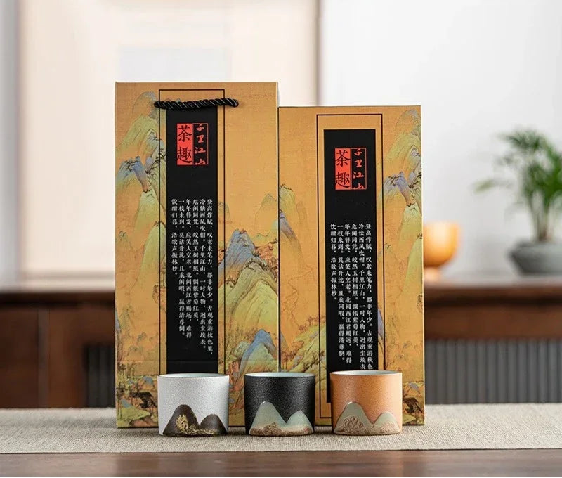 Mountain Landscape Ceramic Tea Cup Gift Set – 3-Piece Handmade Cups with Traditional Art Gift Box