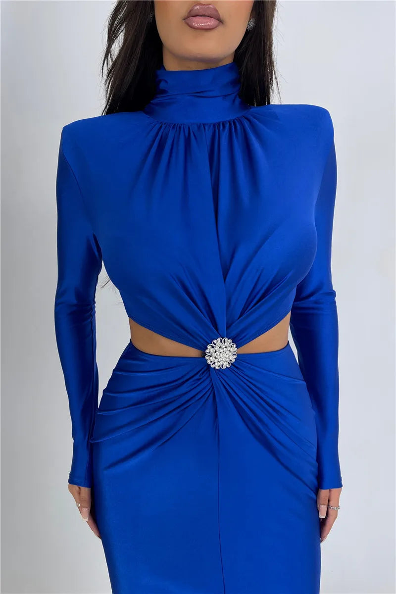 Serena Embellished Cut-Out Turtleneck Bodycon Midi Dress