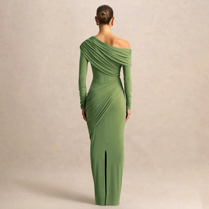 Calyssa Asymmetric One-Shoulder Ruched Maxi Dress – Long Sleeve Eveningwear & Wedding Guest Gown