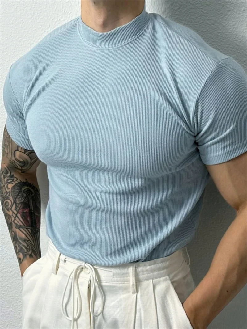 Men’s Slim Fit High Neck T-Shirt – Short Sleeve Tee