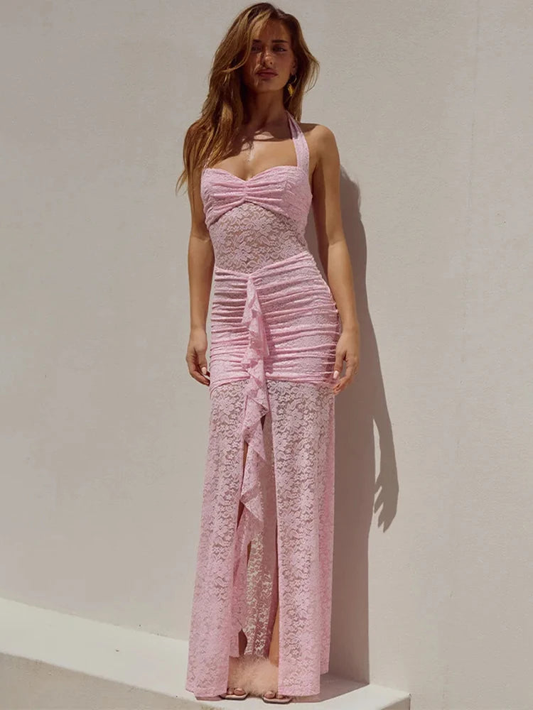 Nalani Halterneck Sheer Lace Maxi Dress – Summer Wedding Guest & Beach Occasion Dress in Pink, Yellow & White