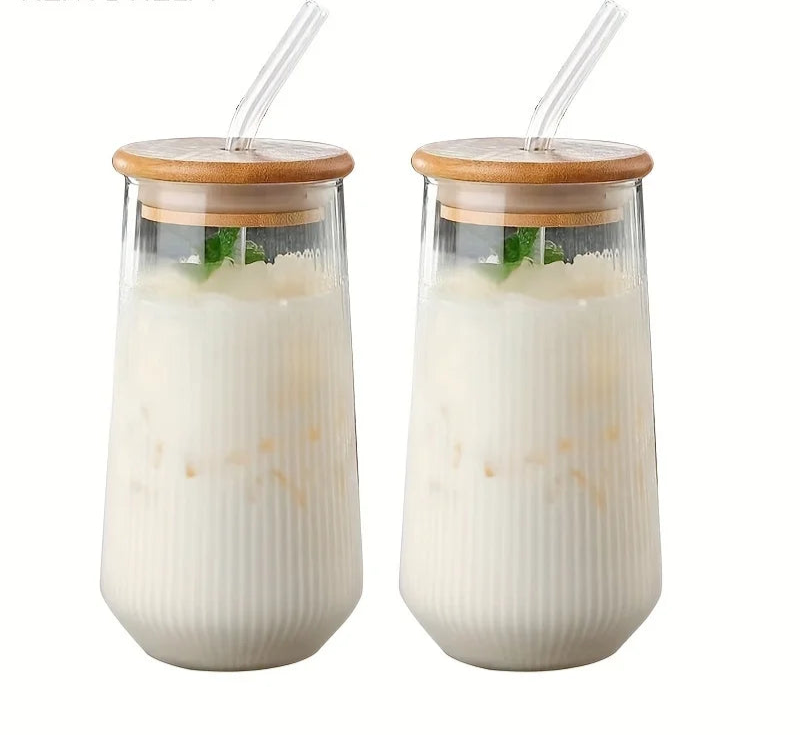 Ribbed Drink Glass Cups with Bamboo Lid & Glass Straw – 2 - Piece Reusable Tumbler Set
