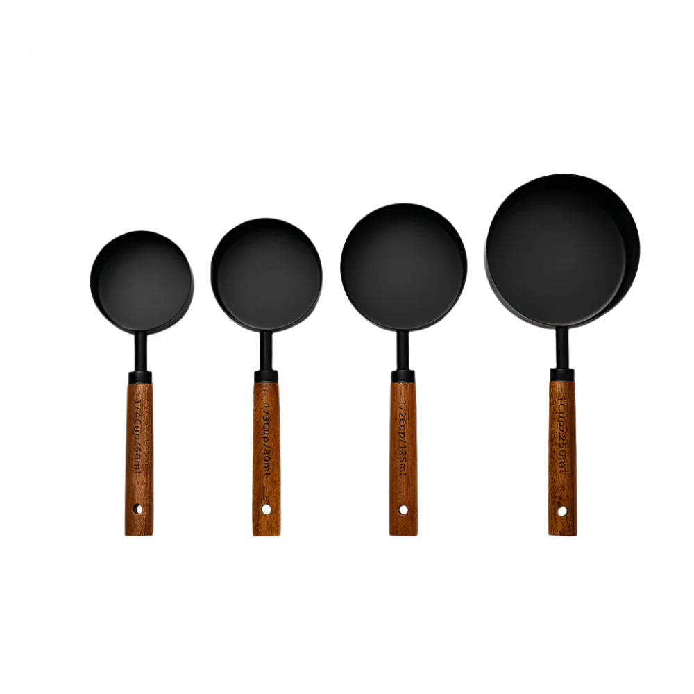 Wooden Handle Measuring Cups and Spoons Set - Stainless Steel Kitchen Baking Tools in 1Pc, 4Pcs or 8Pcs Silver, Black or Gold