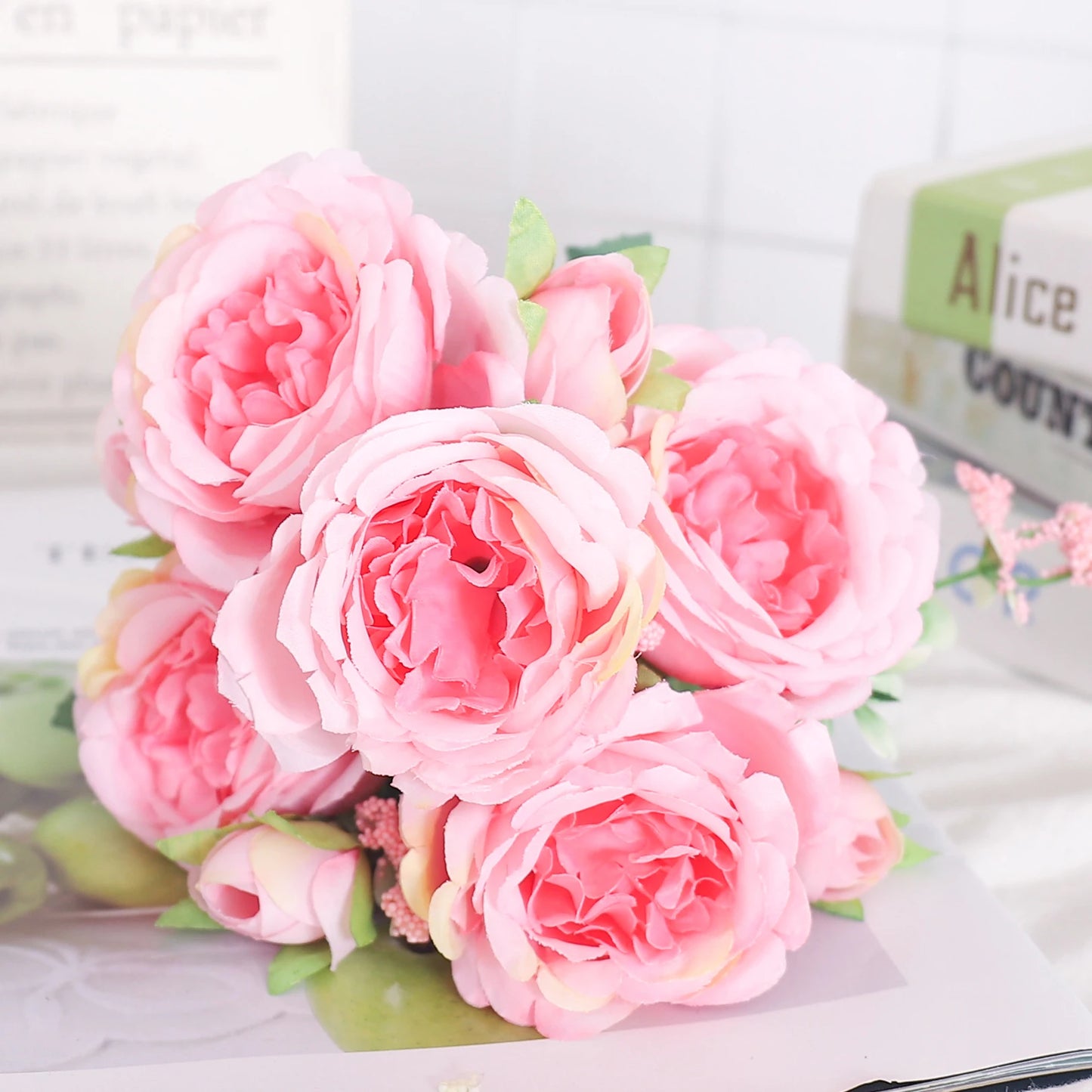 Blush Rose & Hydrangea Flower Bouquet – Pink Faux Floral Centrepiece for Home Decor