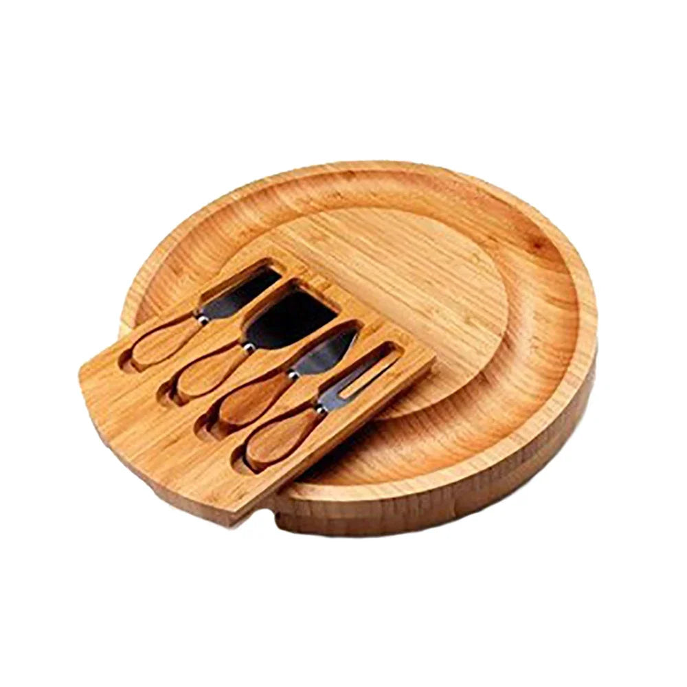 Round Bamboo Cheese Board with Drawer and Cheese Knives – Charcuterie Serving Platter