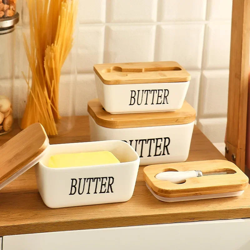 Ceramic Butter Dish with Wooden Lid & Knife – White Kitchen Storage Container