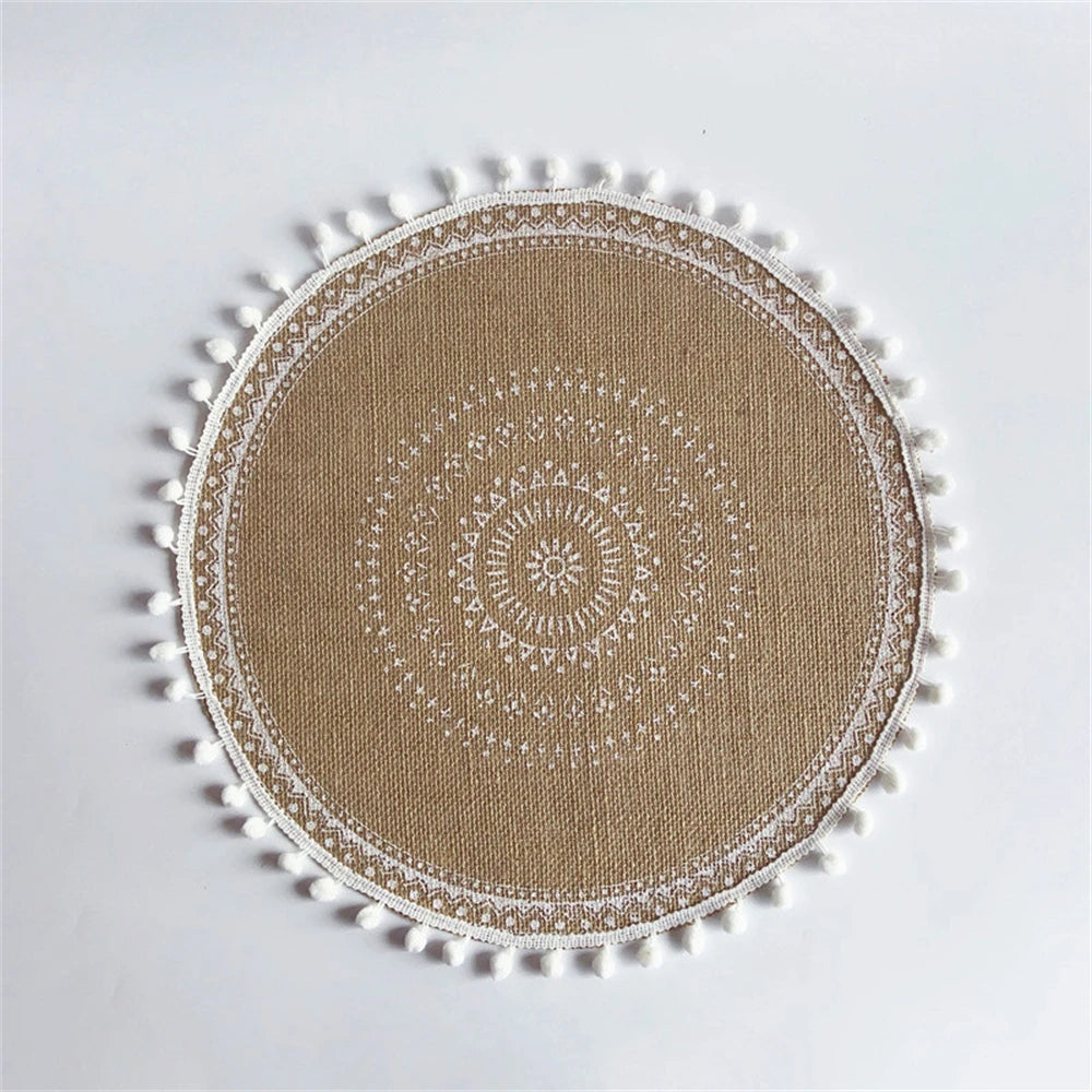 Boho Jute Round Placemats with Tassels – 38cm Natural Woven Table Mats for Rustic Dining & Home Decor