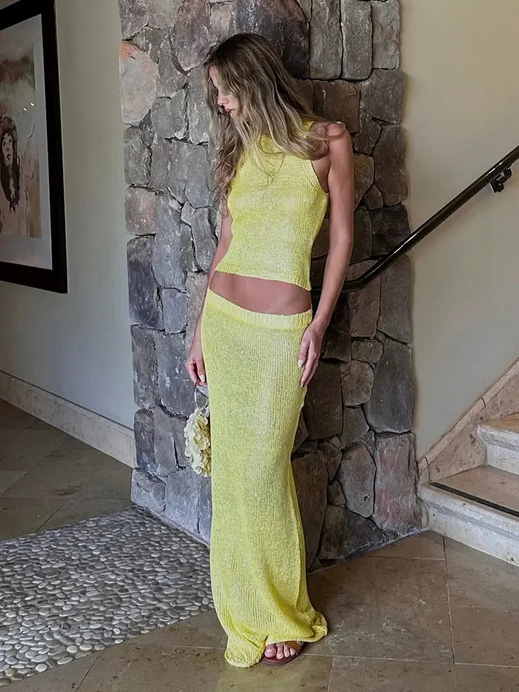 Kaelis Sleeveless Knit Co-Ord Set – High Neck Crop Top and Bodycon Maxi Skirt