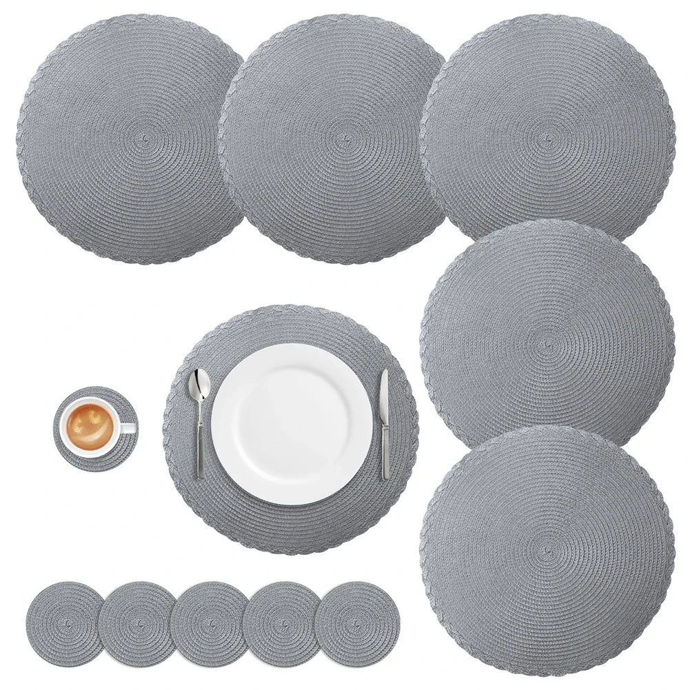 Woven Round Placemats and Coasters Set – 6-Piece Dining Table Mats