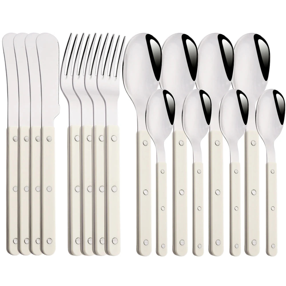 Green/ White Handle Stainless Steel Cutlery Set – 16-Piece Flatware with Forks, Knives & Spoons for Everyday Dining