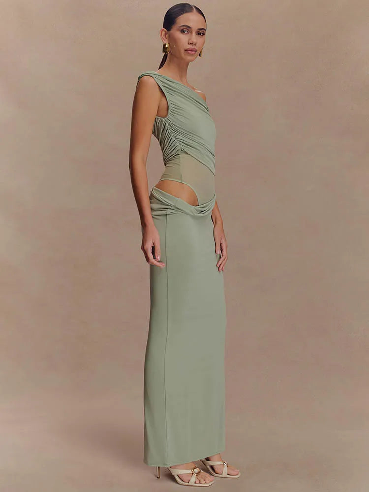 Marcelle One Shoulder Ruched Mesh Cut Out Maxi Dress – Black or Sage Green Summer Bodycon Gown