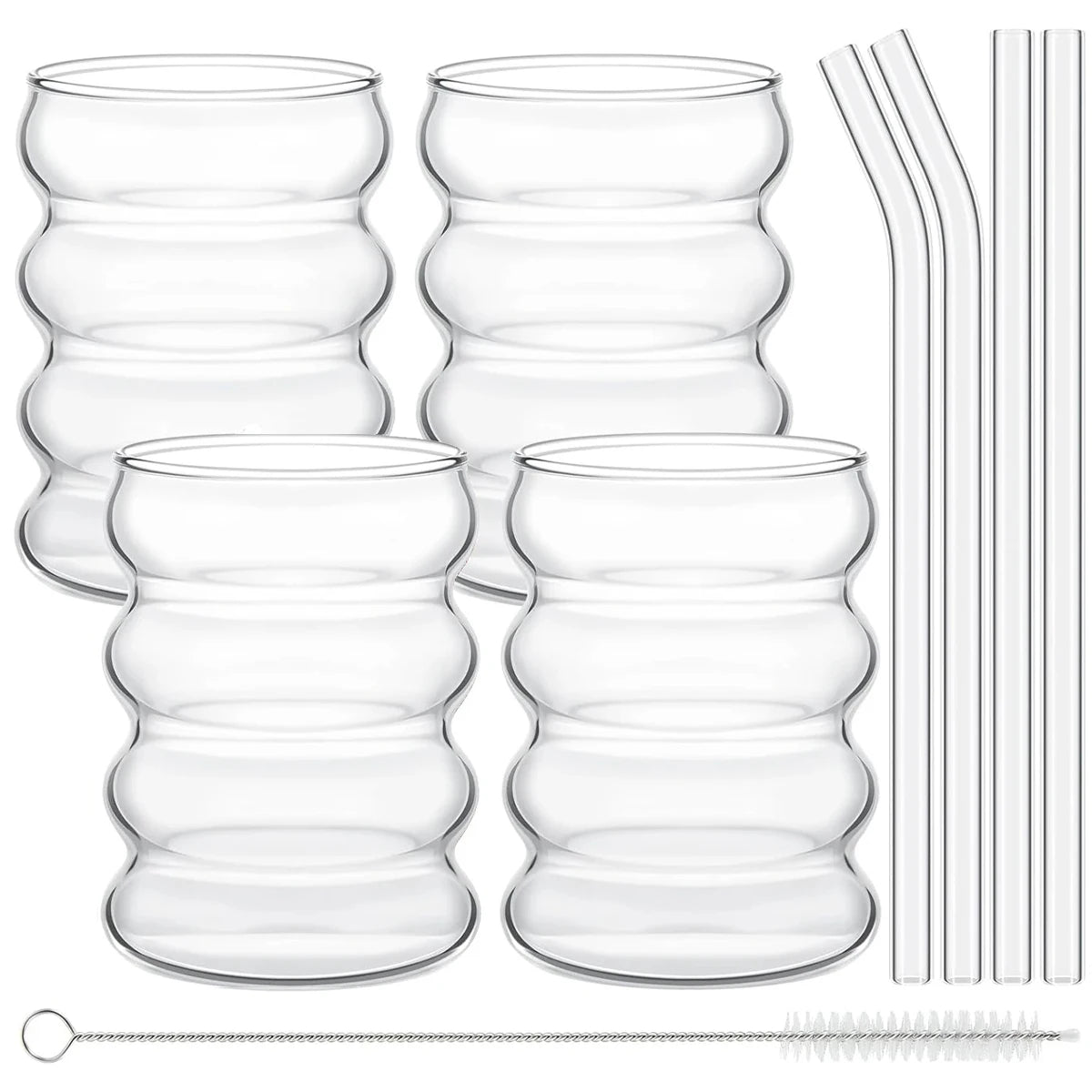 Ripple Glass Set with Reusable Straws – 4 Piece Clear Drinking Glasses for Cocktails, Iced Coffee & Juice