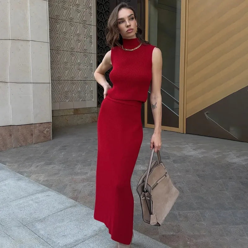 Elvire Sleeveless Knit Co-Ord Maxi Set – Yellow, Green, Red, White, Brown or Black Ribbed High Neck Two-Piece Dress