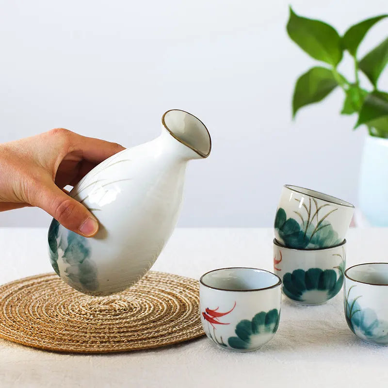 Mizuhana Japanese Sake Set – 5-Piece Ceramic Bottle & Cup Gift Set for Home Bar, Soju or Wine Serving