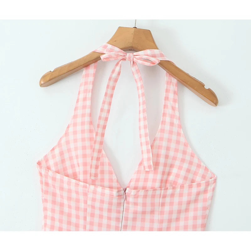 Lilienne Pink Gingham Halter Neck Midi Dress – Summer Picnic Party Dress with Open Back