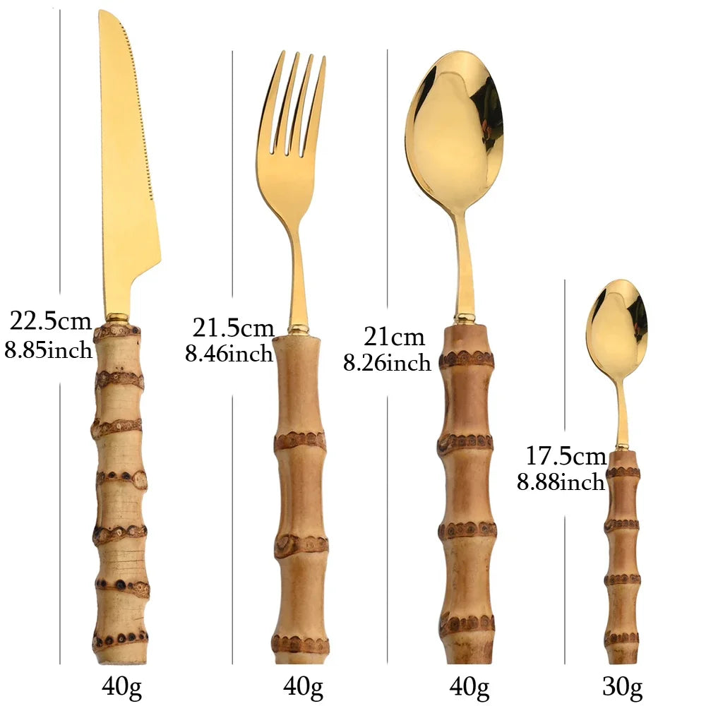 24-Piece Bamboo Handle Cutlery Set – Stainless Steel Knife Fork Spoon Flatware in Gold & Silver