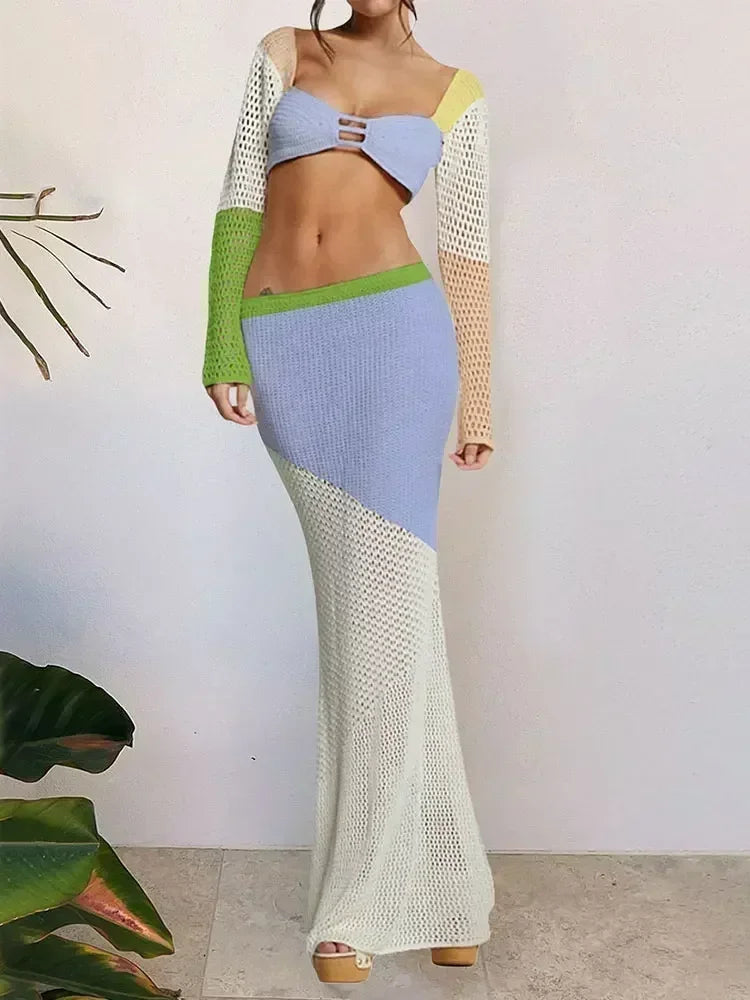 Seraya Crochet 2 Piece Maxi Skirt Set – Long Sleeve Cut Out Top Backless Beach Club Outfit & Swimwear Cover Up