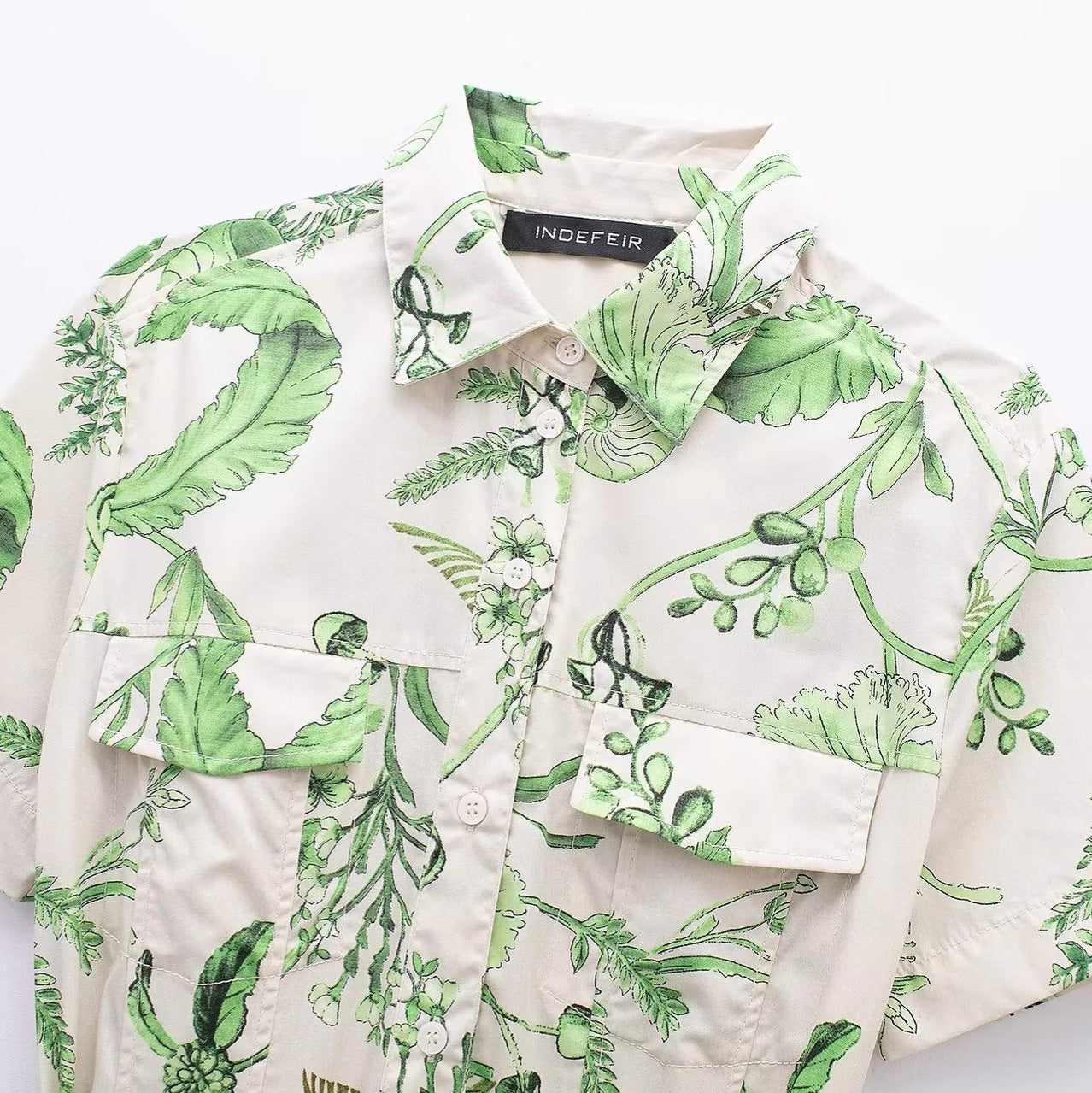 Botanique Belted Shirt Dress – Short Sleeve Button-Down Tiered Maxi with Leaf Print
