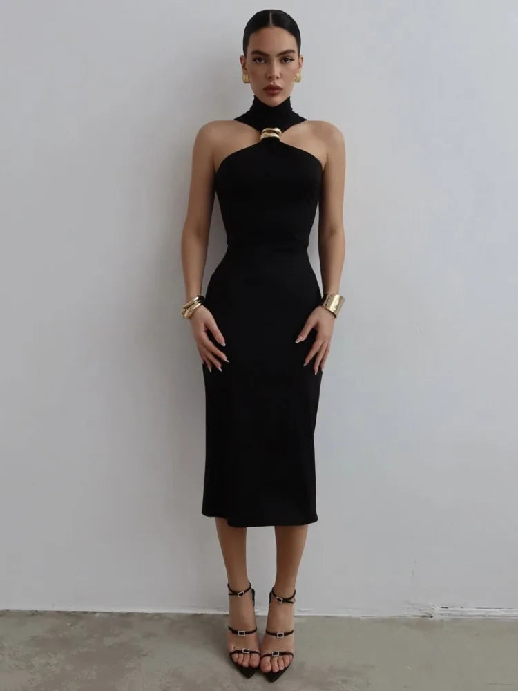 Amelina Sleeveless Black Midi Dress – High Neck Bodycon with Gold Accent Detail for Evening & Occasion Wear