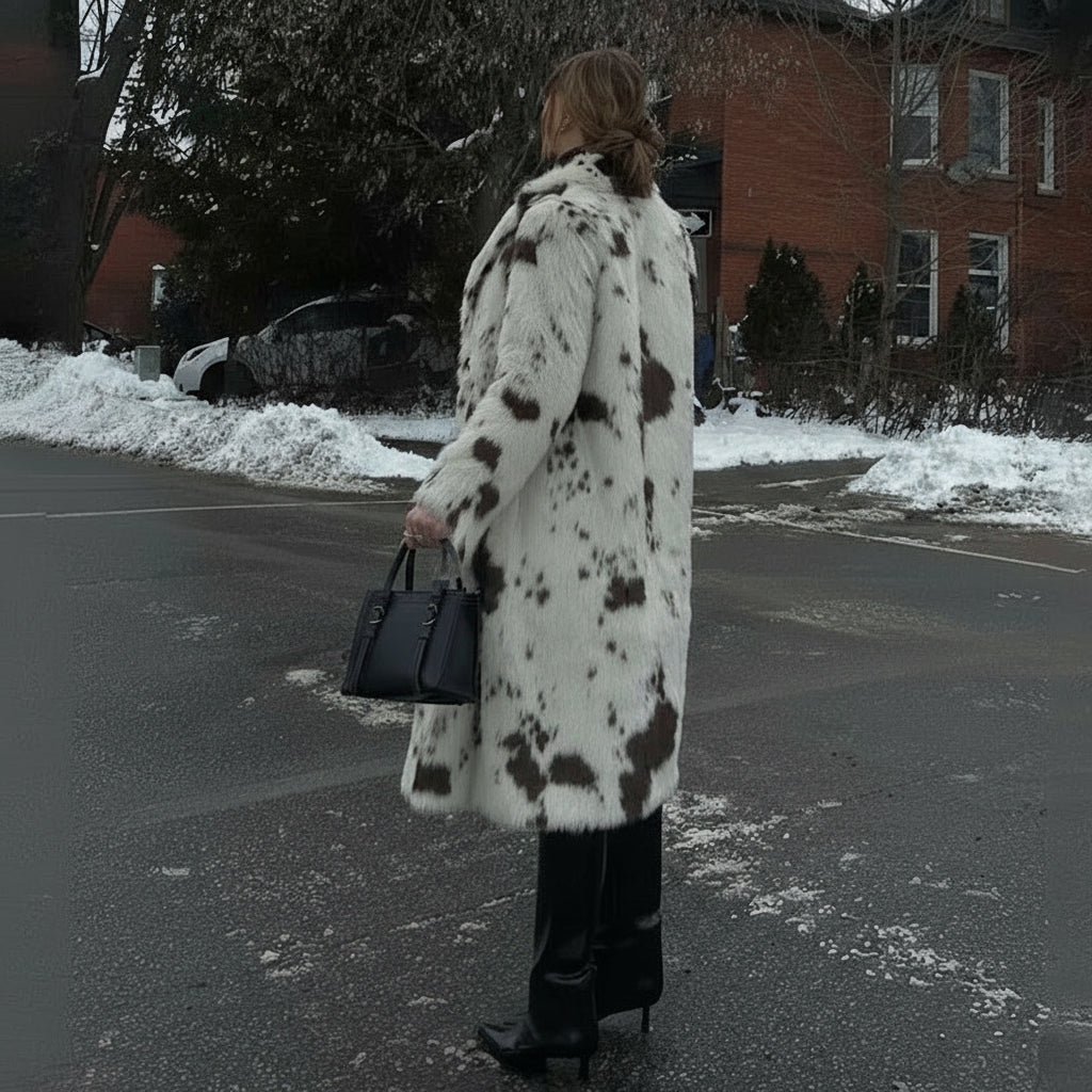 Carmisse Longline Faux Fur Coat – Women’s Luxury Oversized Cow Print Animal Faux Fur Jacket for Winter Outerwear & Statement City Style