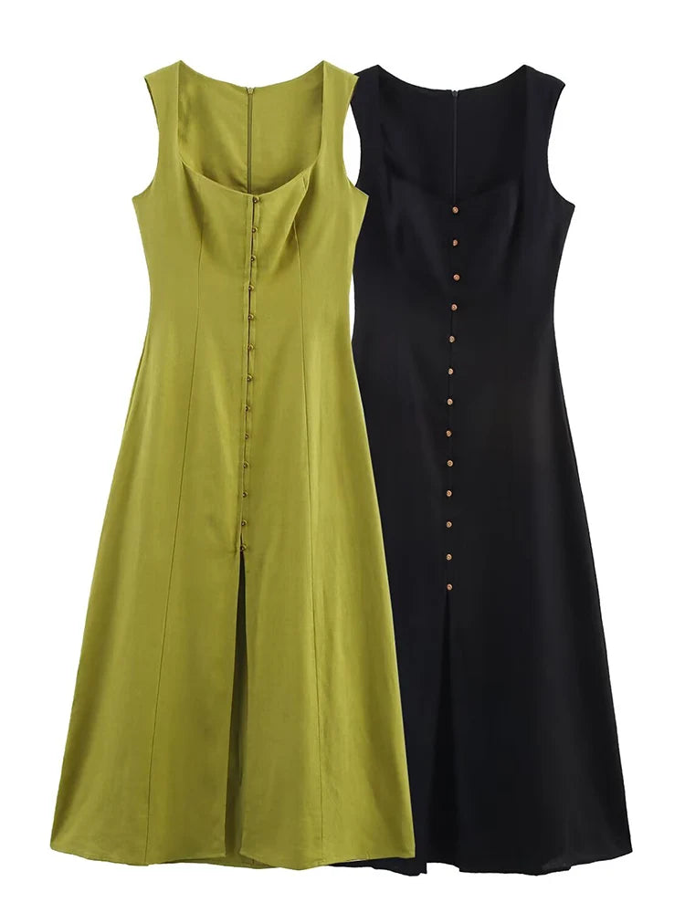 Marvela Button Front Midi Dress – Flattering A-Line Sleeveless Summer Dress with Sweetheart Neckline and Front Slit