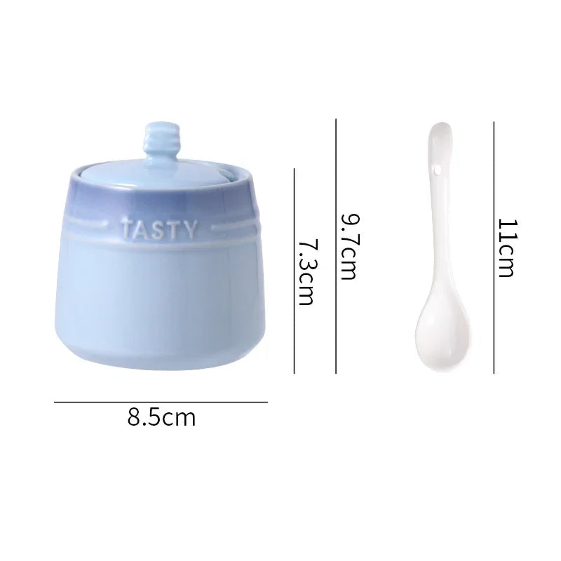 Ceramic Sugar/ Spice Bowl with Lid & Spoon – 1 Piece Colourful Kitchen Condiment Jar for Sugar, Salt & Spices