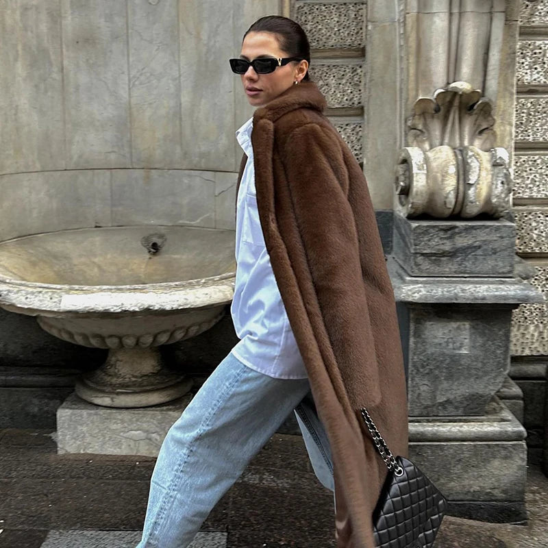 Carmen Brown Luxe Faux Fur Long Coat – Elegant Outerwear