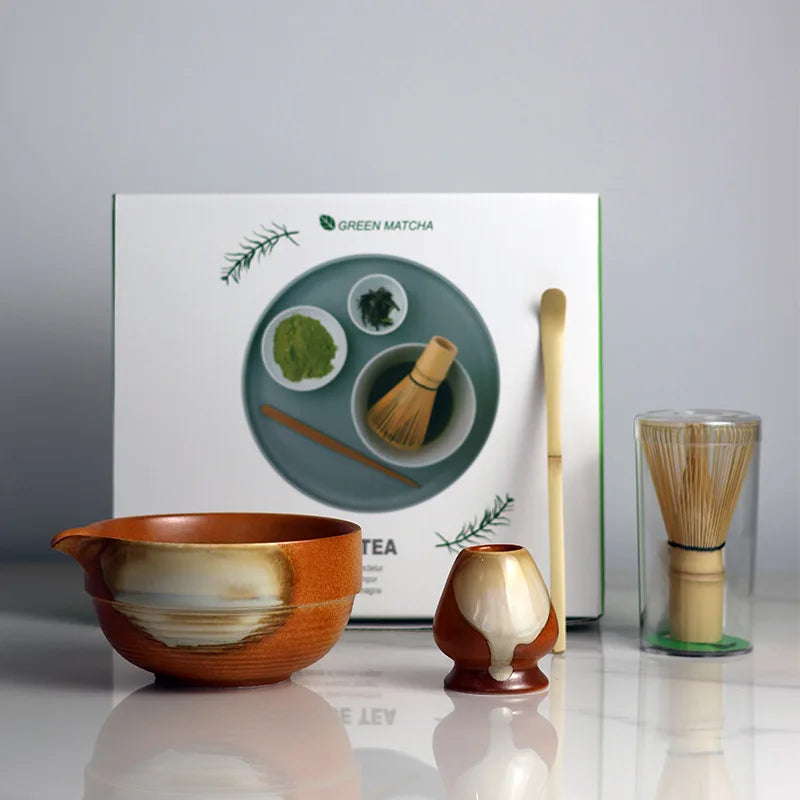 Premium Matcha Tea Set – 4 Piece Starter Kit with Bamboo Whisk, Ceramic Bowl, Scoop & Holder
