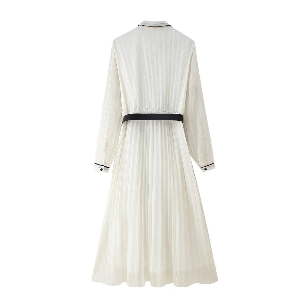Renelle Pleated Long Sleeve Shirt Dress – White Belted Midi Dress with Black Contrast Trim