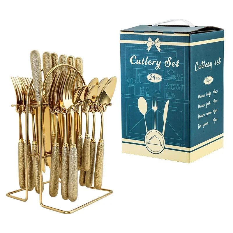 24-Piece Gold & Silver Stainless Steel Cutlery Set with Holder – Elegant Dining Tableware for 6