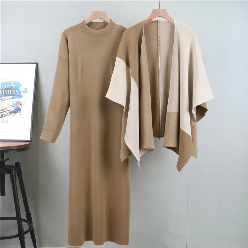 Women's Two-Piece Knit Midi Dress with Color-Block Cape, Available in Black, Beige & Camel