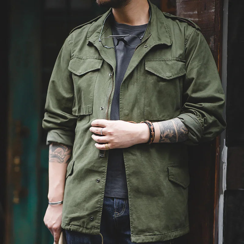Men’s Military-Style Utility Jacket – Khaki Cargo Field Jacket