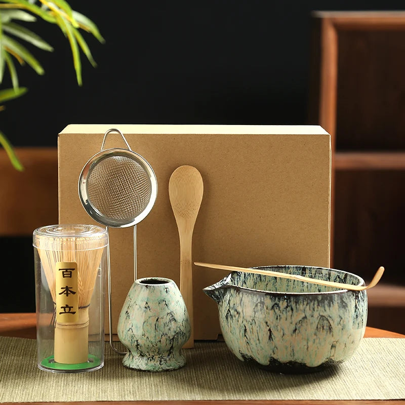 Traditional Matcha Tool Set – 6-Piece Japanese Style Kit with Ceramic Bowl, Bamboo Whisk & Sifter
