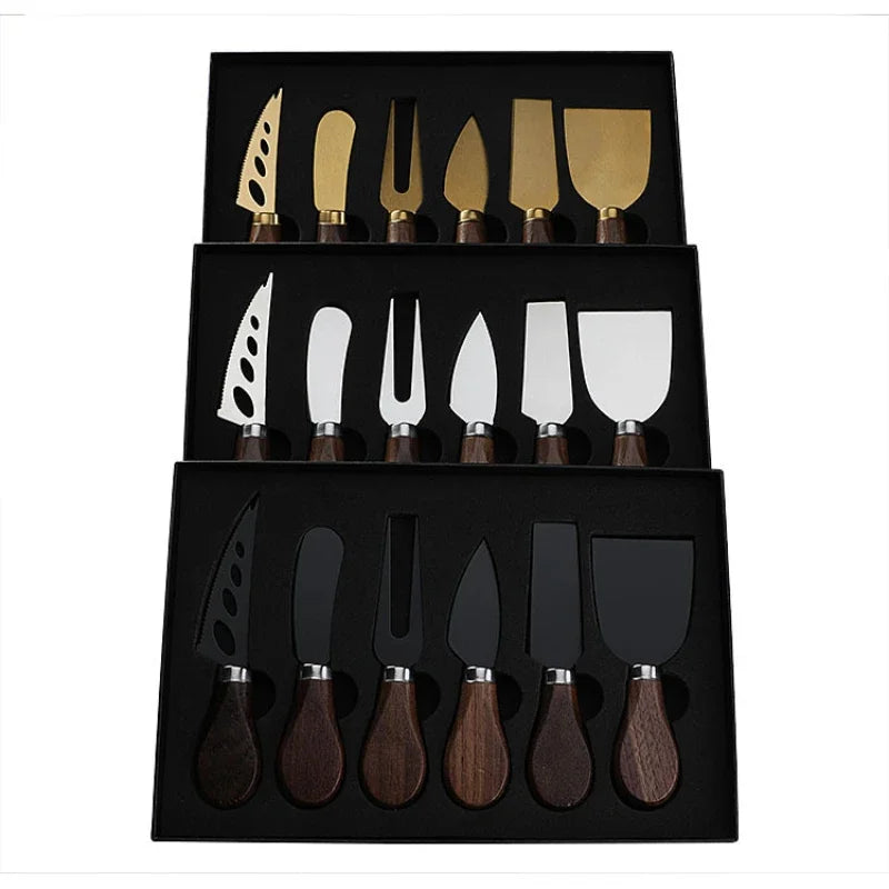 Walnut Handle Cheese Knife Gift Set – 4 or 6 Piece Cheese Tools with Fork & Spreader