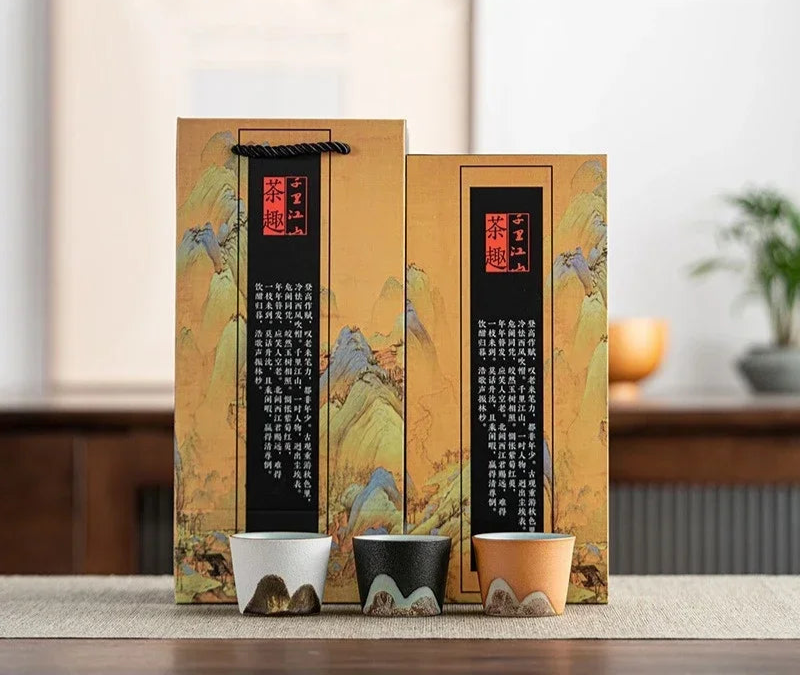 Mountain Landscape Ceramic Tea Cup Gift Set – 3-Piece Handmade Cups with Traditional Art Gift Box