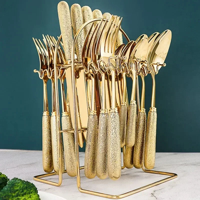 24-Piece Gold & Silver Stainless Steel Cutlery Set with Holder – Elegant Dining Tableware for 6