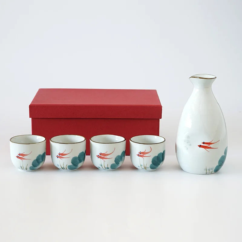 Mizuhana Japanese Sake Set – 5-Piece Ceramic Bottle & Cup Gift Set for Home Bar, Soju or Wine Serving