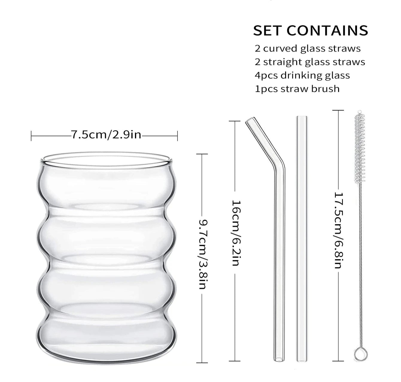 Ripple Glass Set with Reusable Straws – 4 Piece Clear Drinking Glasses for Cocktails, Iced Coffee & Juice