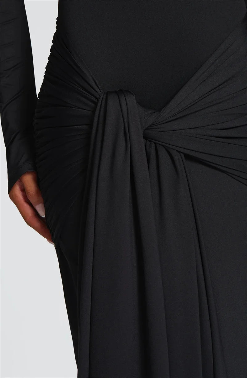 Elyndra Asymmetric Cut-Out Maxi Dress – Long Sleeve Draped Evening & Partywear Gown
