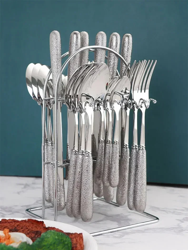 24-Piece Gold & Silver Stainless Steel Cutlery Set with Holder – Elegant Dining Tableware for 6