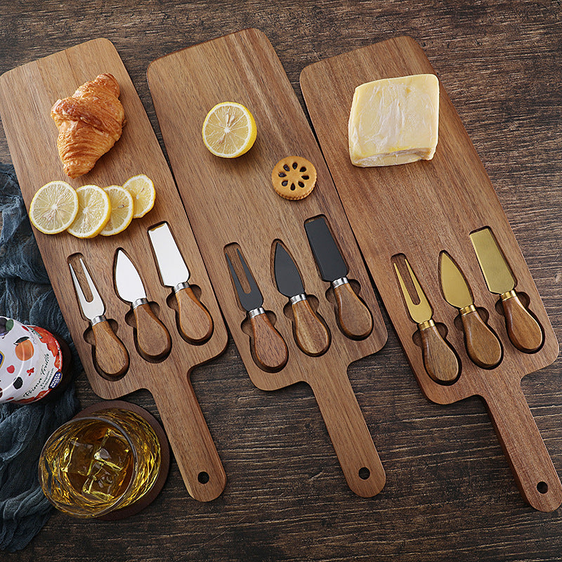 Acacia Cheese Board with 3-Piece Knife Set – Wooden Charcuterie Serving Tray with Stainless Steel Cutlery