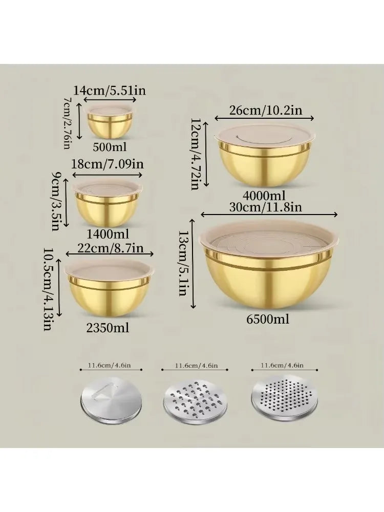 Gold Stainless Steel Mixing Bowls Set with Lids & Graters – 5 Piece Kitchen Food Prep, Salad & Baking Bowls